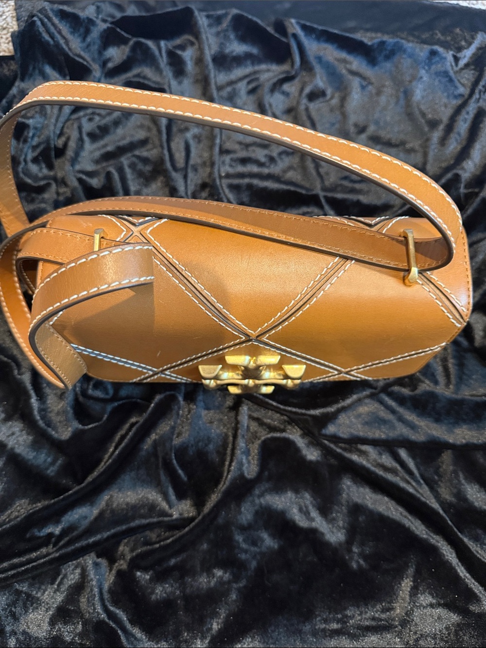 Tory Burch Quilted Logo Crossbody Bag in Tan with Gold Hardware - Picture 8 of 12